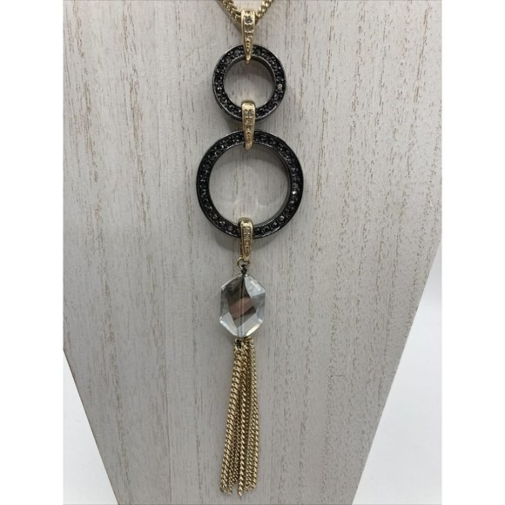 Cache` Gold Tone Chain Linked Necklace NWT MSP $48.00 Pave Pendant gun Metal 34"